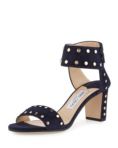 Jimmy Choo Veto Studded Suede 65mm Sandal Navy Blue block heel sandals summer 2017