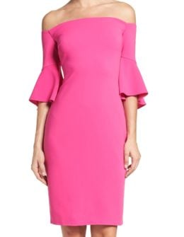 LAUNDRY BY SHELLI SEGAL Off the Shoulder Crepe Sheath Dress Bell Sleeves Hot Magenta bell sleeve dresses summer wedding guest