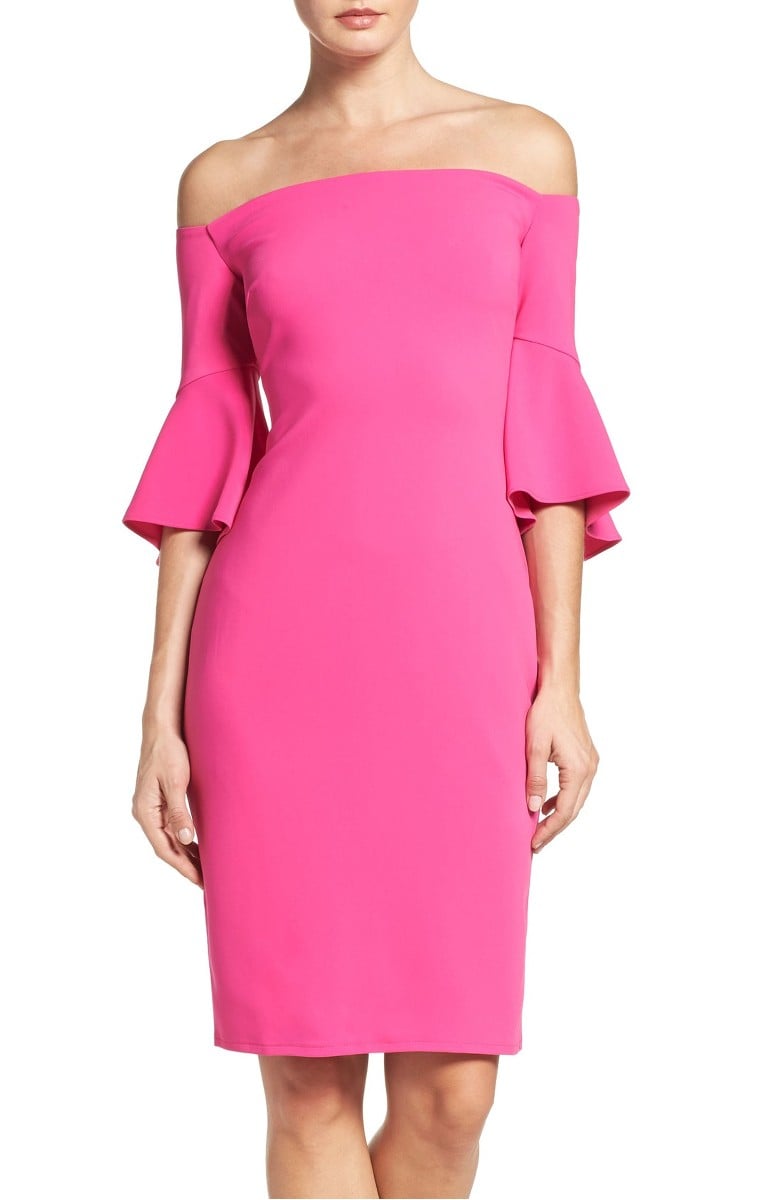 LAUNDRY BY SHELLI SEGAL Off the Shoulder Crepe Sheath Dress Hot Magenta off the shoulder dresses summer wedding guest