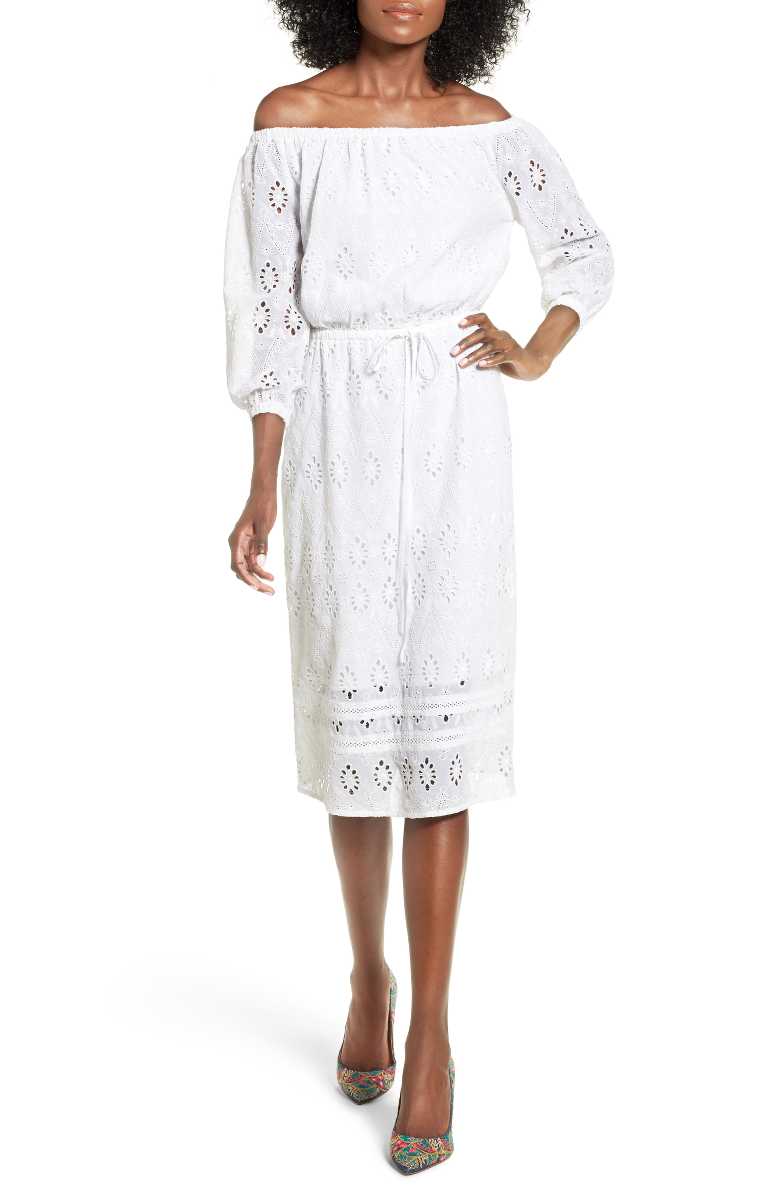 LOVERS + FRIENDS Darling Buds Midi Dress Ivory eyelet off the shoulder dress