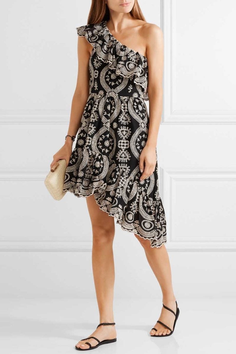 LOVESHACKFANCY Pamela one-shoulder broderie anglaise cotton dress ruffle black ecru eyelet dresses summer 2017