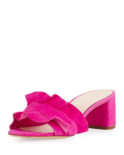 Loeffler Randall Vera Ruffled Suede Mule Sandal Ultrapink mule sandals summer 2017