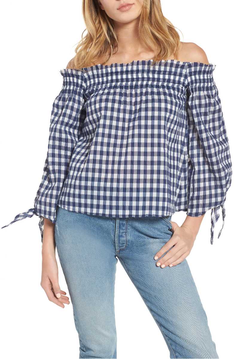 MCGUIRE Pina Gingham Off the Shoulder Top Navy Gingham Check tops summer 2017