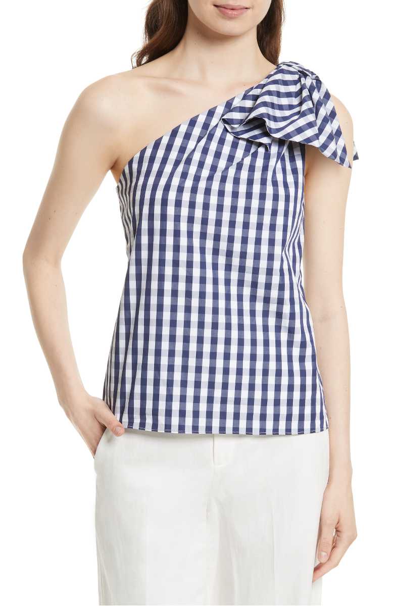 MILLY Cindy One Shoulder Gingham Top Navy Blue gingham tops summer 2017