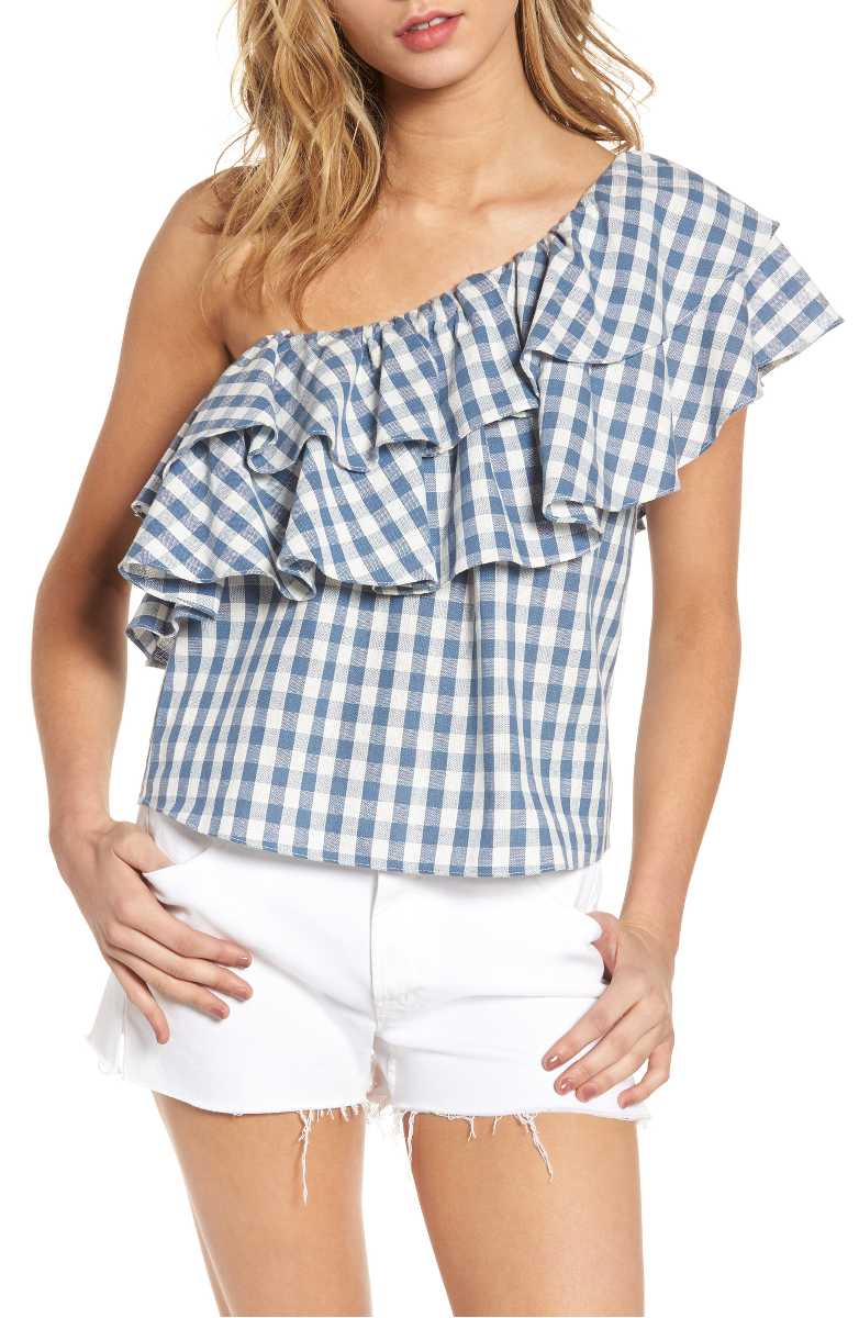 MISA LOS ANGELES Agus Plaid One-Shoulder Top Blue Gingham Check tops summer 2017