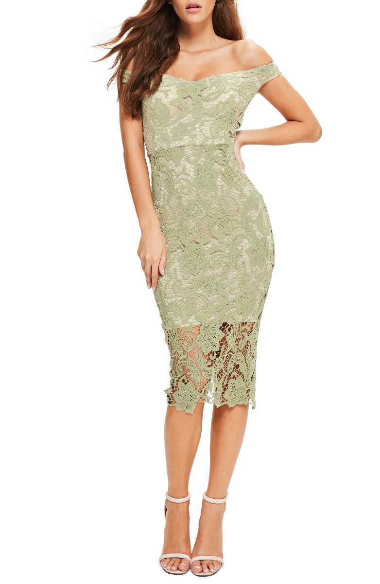 MISSGUIDED Bardot Lace Off the Shoulder Dress Green lace bodycon dresses summer wedding