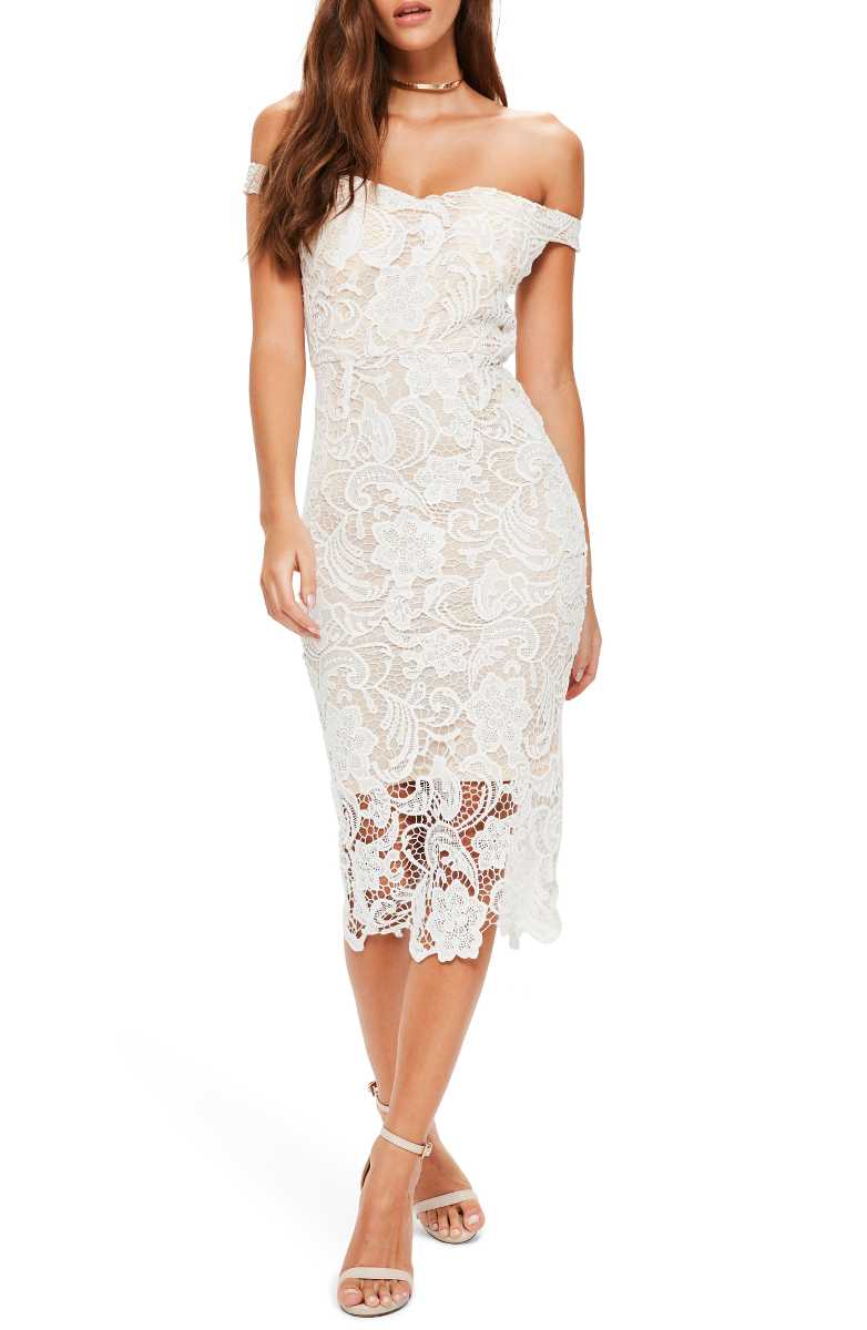 MISSGUIDED Lace Bardot Off The Shoulder Dress White lace bodycon dresses summer wedding guest