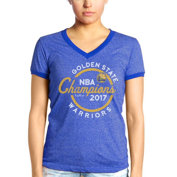 Majestic Threads Golden State Warriors Women's Royal 2017 NBA Finals Champions Ringer Tri-Blend V-Neck T-Shirt golden state warriors 2017 nba champions