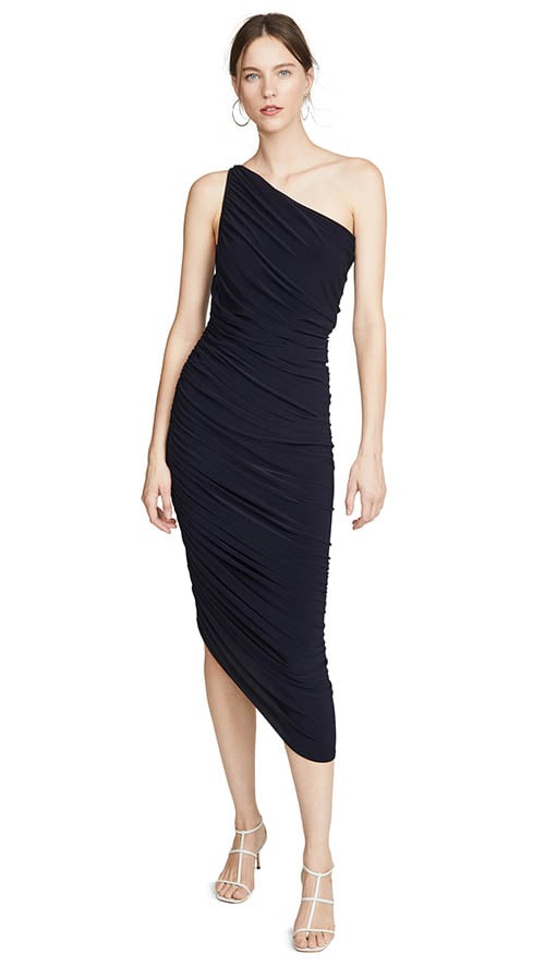 Norma Kamali Diana Gown Midnight one shoulder dresses wedding guests