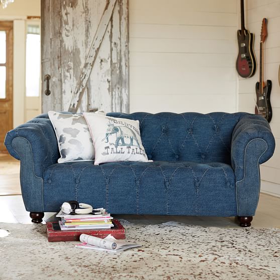 PBteen Junk Gypsy Blue Jean Chesterfield Loveseat (72") pbteen 25% sale 