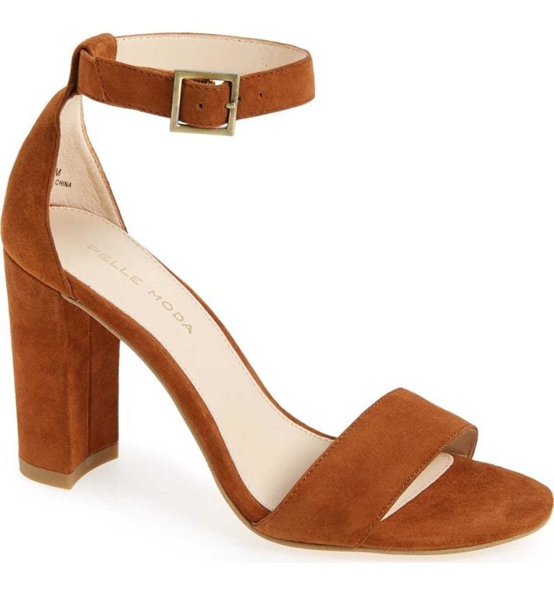 PELLE MODA Bonnie Ankle Strap Sandal Cognac Suede block heel sandals summer 2017