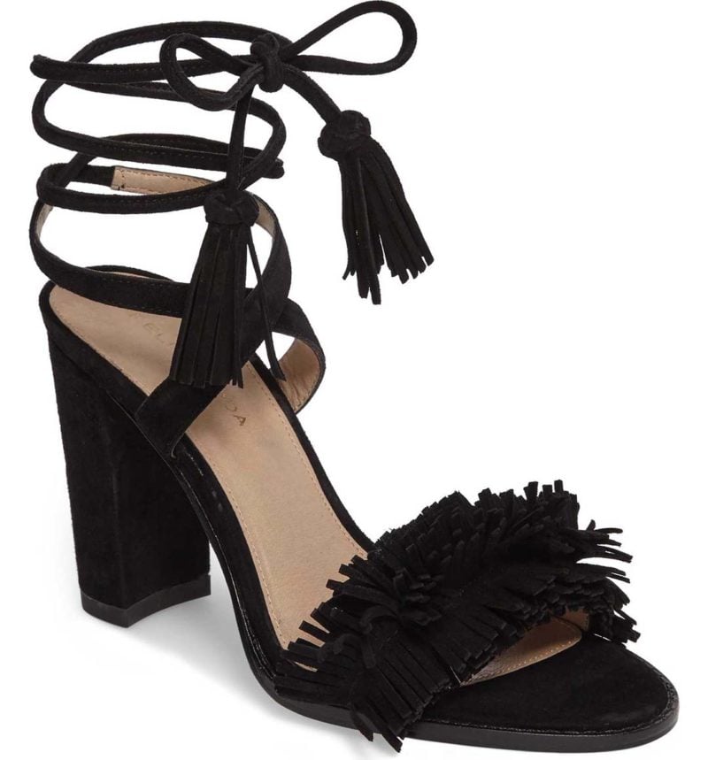 PELLE MODA Faye Sandal Black Fringe Leather block heels
