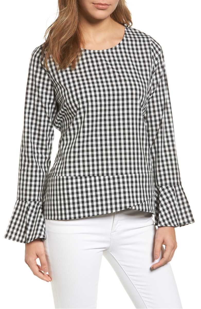 PLEIONE Tie Back Wrap Blouse Black White Gingham Peplum tops for summer 2017