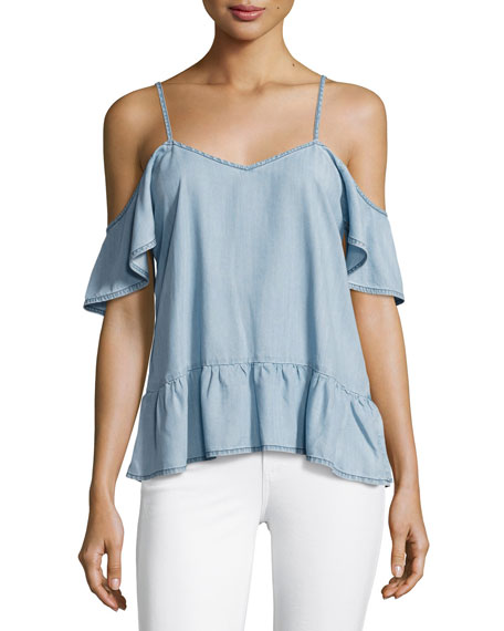 Paige Denim Mitzi Cold-Shoulder Chambray Top Indigo peplum tops summer 2017