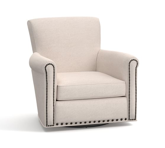Pottery Barn IRVING UPHOLSTERED SWIVEL ARMCHAIR WITH NAILHEADS sale performance fabrics