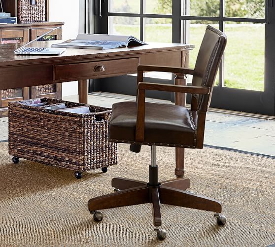 Pottery Barn MANCHESTER SWIVEL DESK CHAIR Antique Dark Brown Leather pottery barn father's day gifts sale 