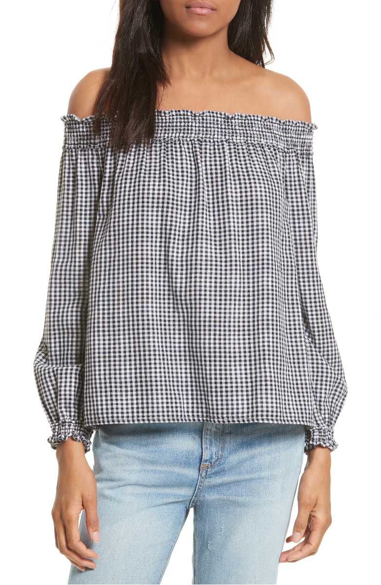 RAG & BONE Drew Gingham Off the Shoulder Top Black White gingham tops summer 2017