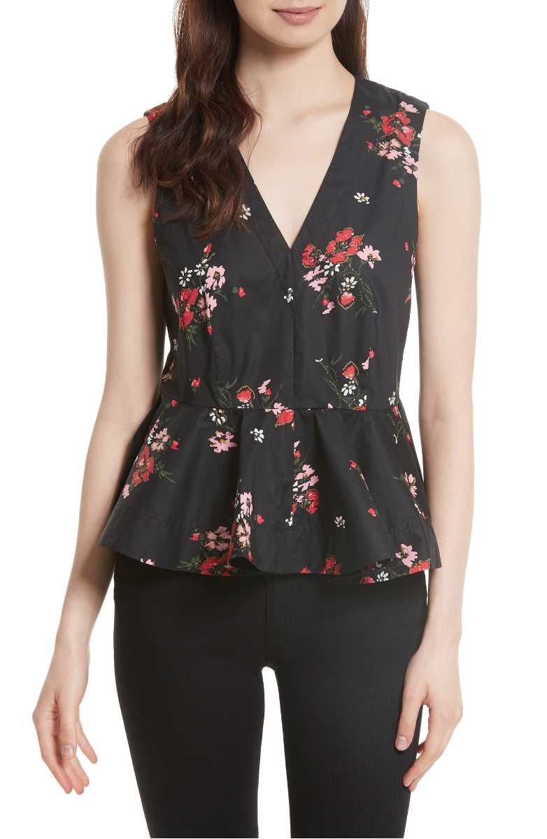 REBECCA TAYLOR Marguerite Floral Poplin Peplum Top Black peplum tops summer 2017