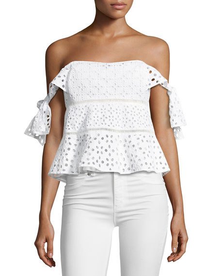 Rebecca Taylor Amora Off-the-Shoulder Eyelet Top White peplum tops summer 2017
