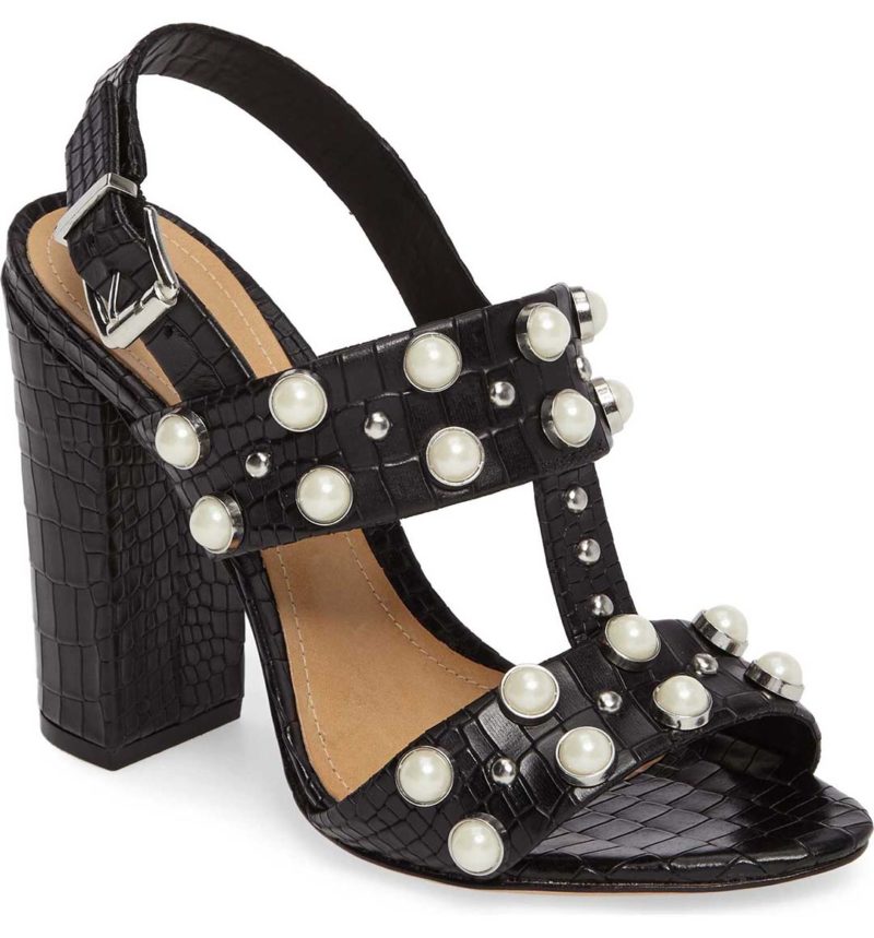 SCHUTZ Zarita Imitation Pearl Embellished Sandal Black Croco block heel sandals summer 2017