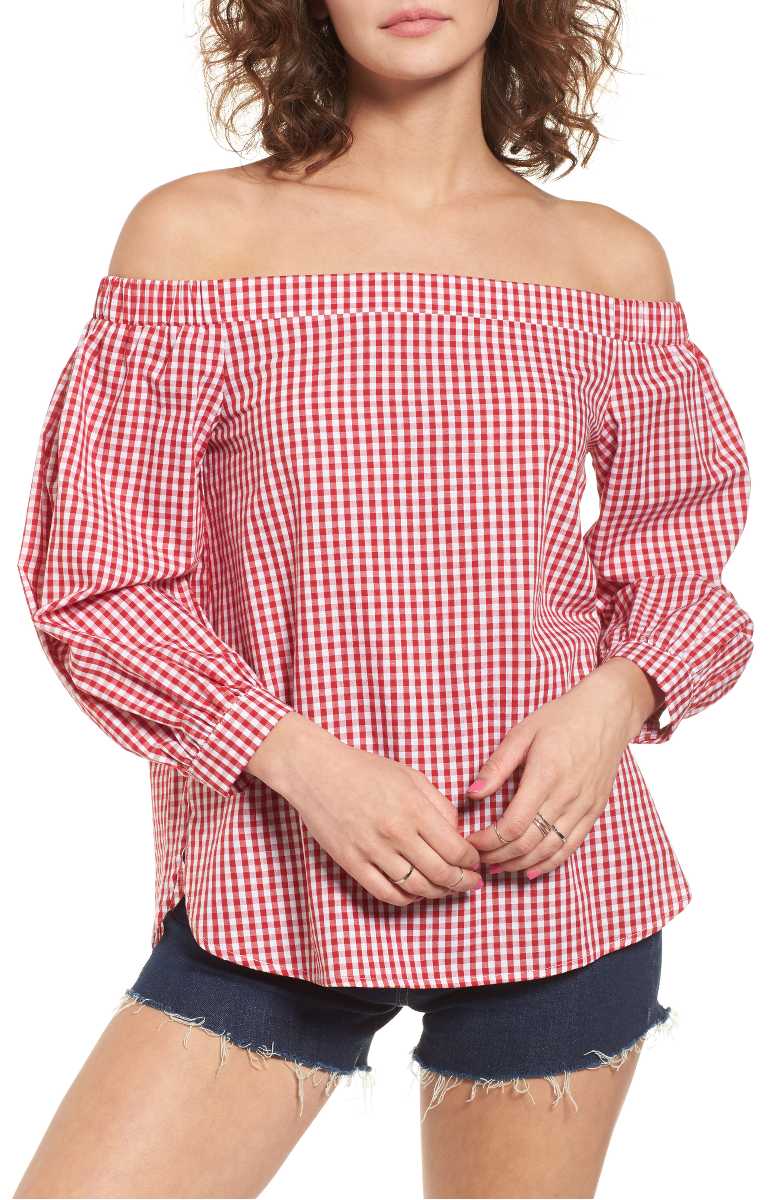 SOPRANO Gingham Off the Shoulder Bubble Sleeve Top Red gingham tops summer 2017