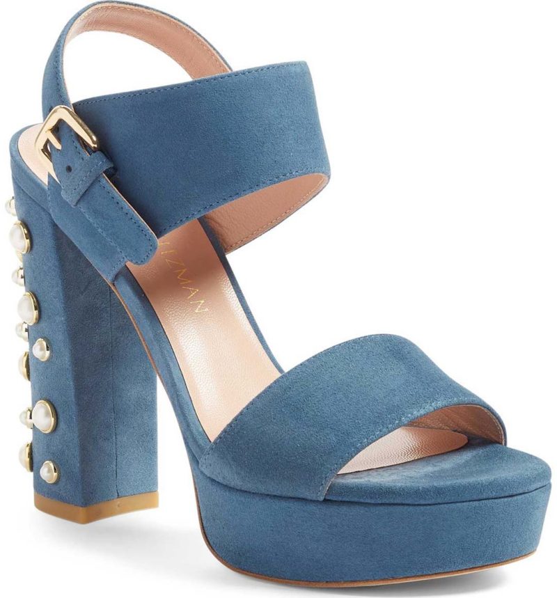 STUART WEITZMAN Partisan Statement Heel Sandal Jeans Suede Imitation Pearls Nordstrom block heel sandals