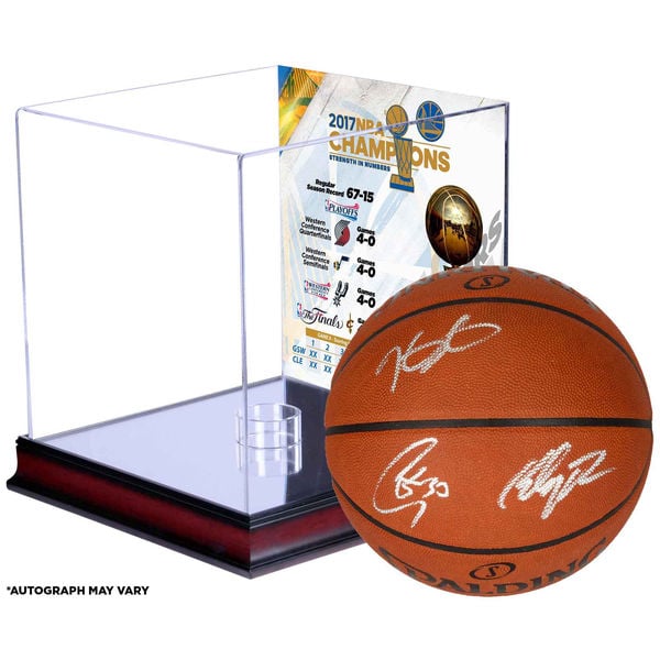 Stephen Curry, Klay Thompson, Kevin Durant Golden State Warriors Autographed 2017 NBA Finals Champions Indoor/Outdoor Basketball with a NBA Finals Champs Mahogany Logo Basketball Display Case & Sublimated Collage
