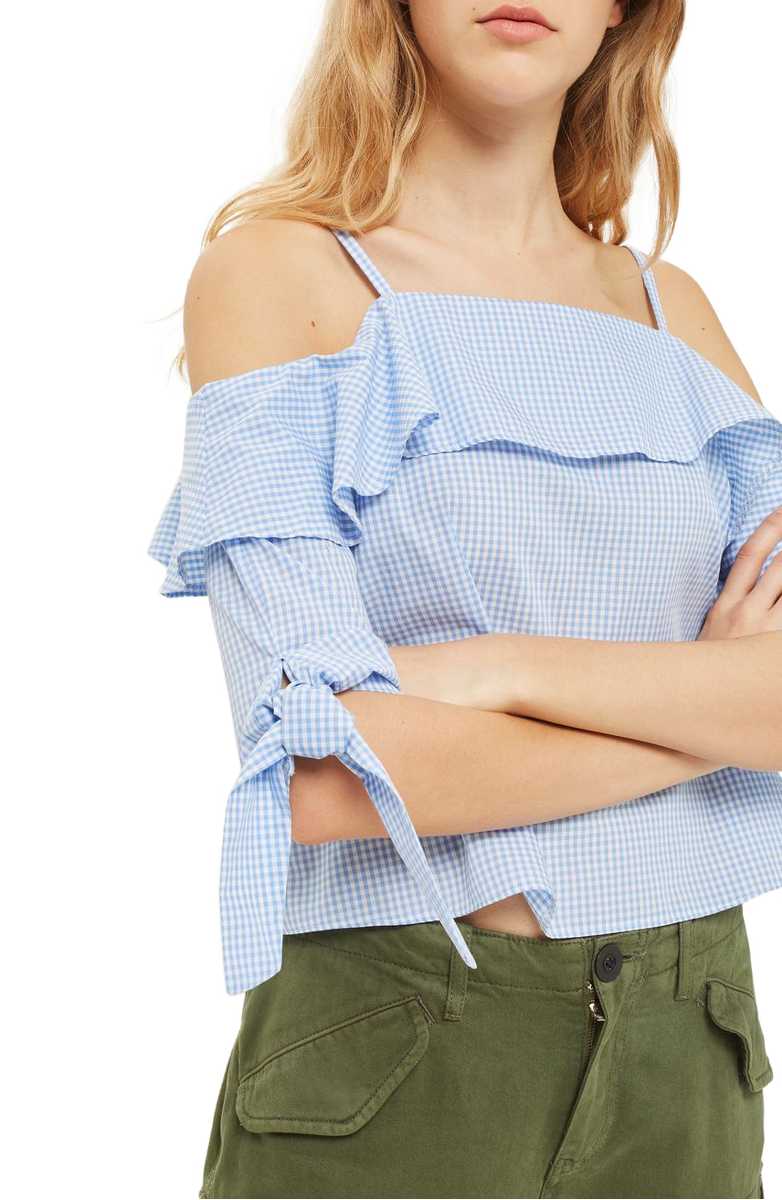 TOPSHOP Gingham Off-the-Shoulder Top Blue  gingham check print tops summer 2017