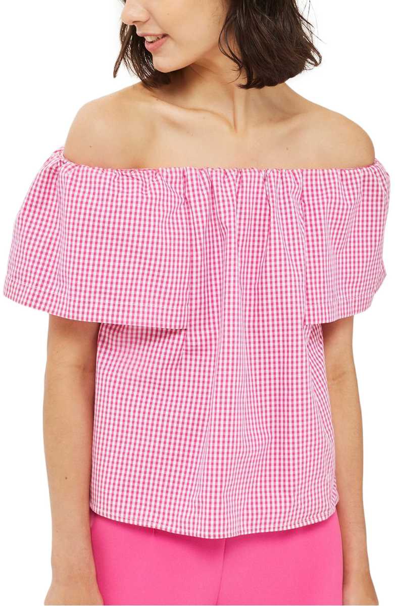 TOPSHOP Maggie Bardot Gingham Off The Shoulder Top Pink Multi gingham tops summer 2017