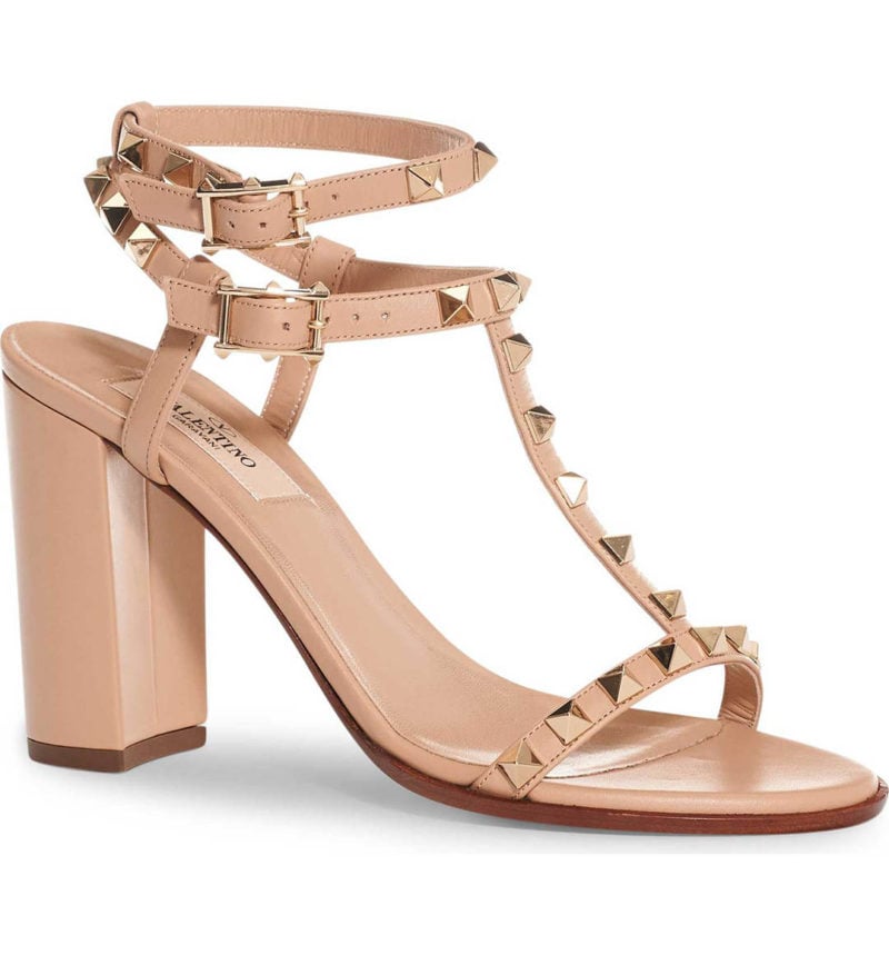 VALENTINO Rockstud Ankle Strap Sandal Camel Rose Leather block heel sandals summer 2017