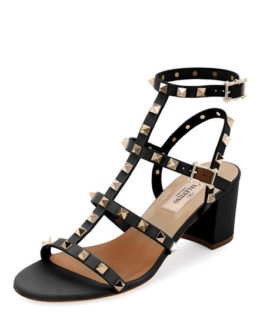 Valentino Rockstud Leather 60mm City Sandal Nero block heel sandals summer 2017
