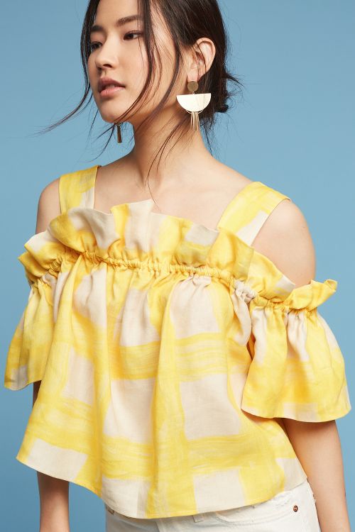 WHIT Ruffled Gingham Open-Shoulder Top Yellow anthropologie gingham tops summer 2017