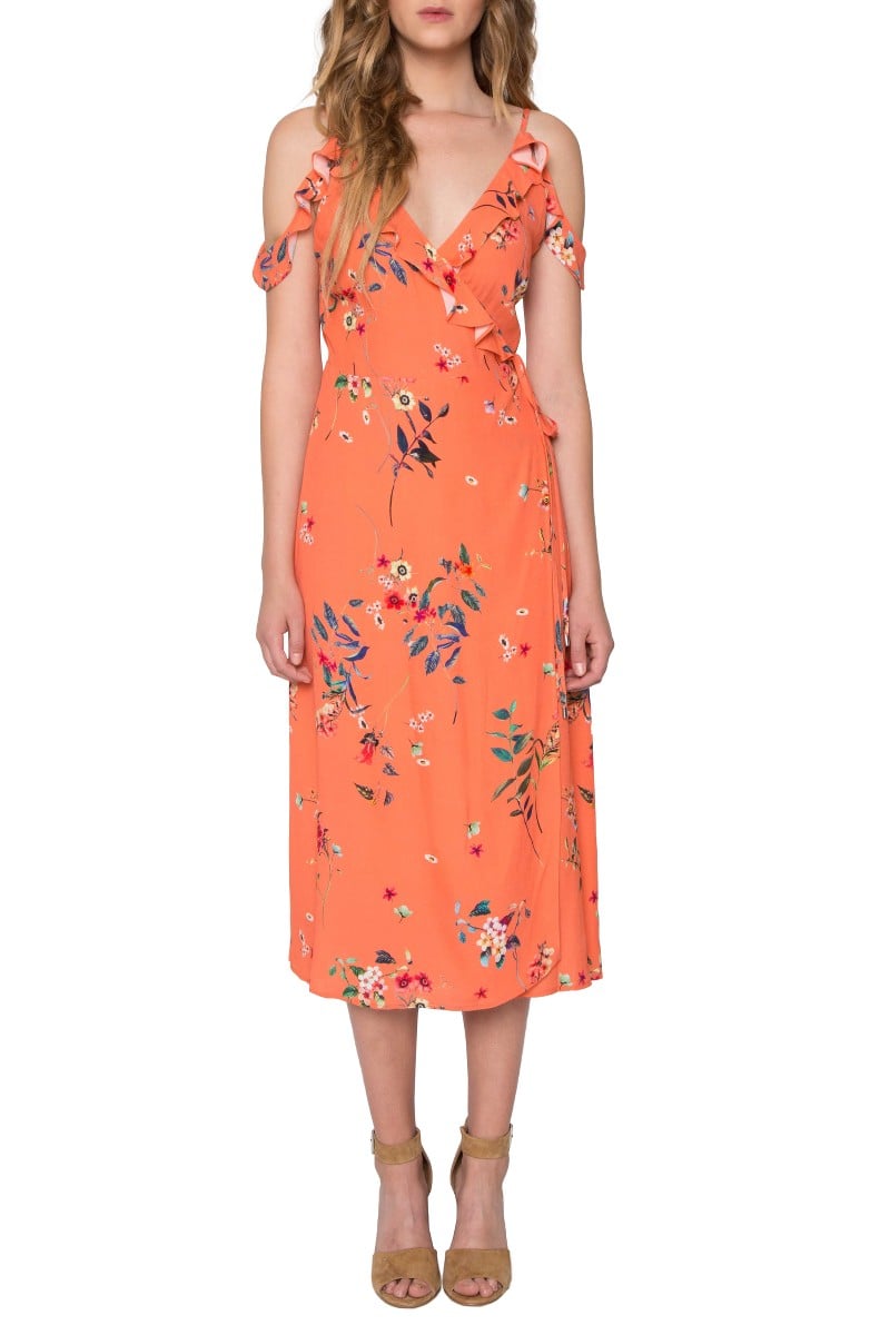 WILLOW & CLAY Print Midi Dress Tangerine Floral Print cold shoulder dresses summer wedding guest 