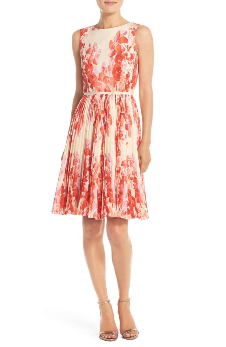 ADRIANNA PAPELL Floral Print Pleat Fit and Flare Dress Coral Multi nordstrom floral print dresses under $100
