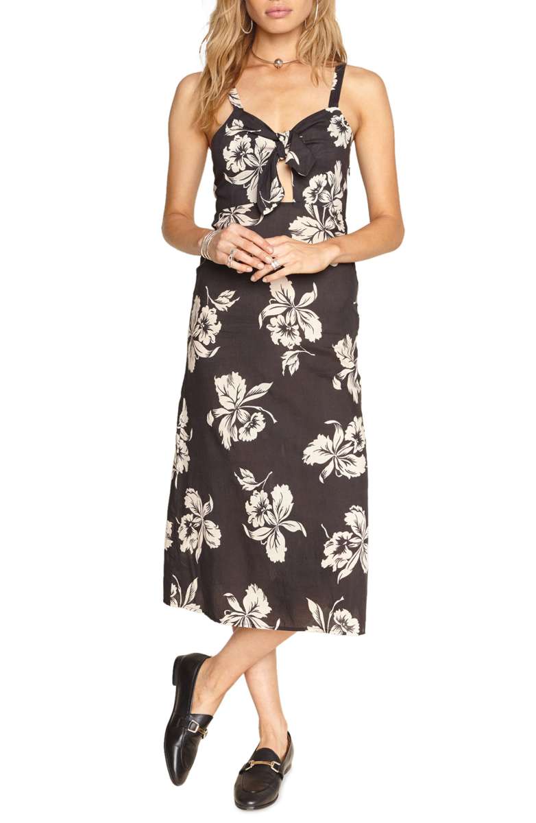 AMUSE SOCIETY Maude Tie Front Midi Dress Charcoal Hawaiian Floral Print nordstrom under 100 dresses