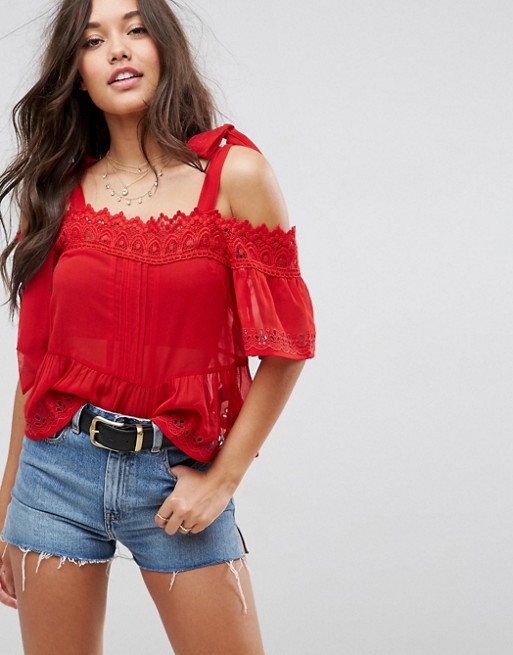 ASOS Lace Cold Shoulder Top with Tie Red lace cold shoulder tops summer 2017 trendy
