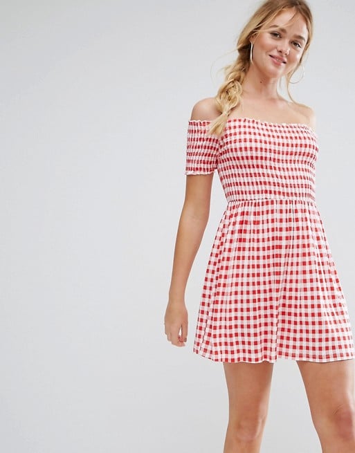ASOS Off Shoulder Sundress With Shirring In Gingham Red asos summer dresses 2017