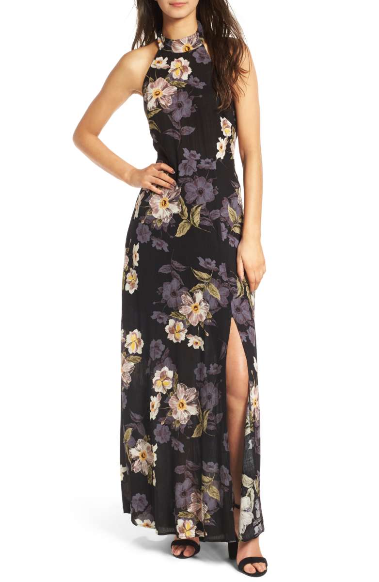 ASTR THE LABEL Floral Halter Maxi Dress Black Multi Floral Print nordstrom floral print dresses under $100