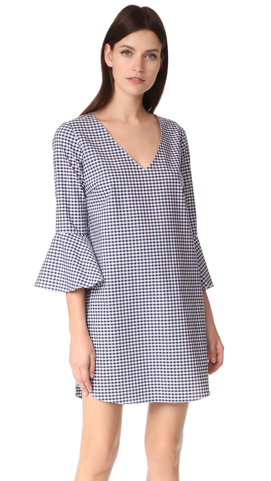 Amanda Uprichard Elodie Dress Bell Sleeves Navy Gingham Blue shopbop dresses summer 2017