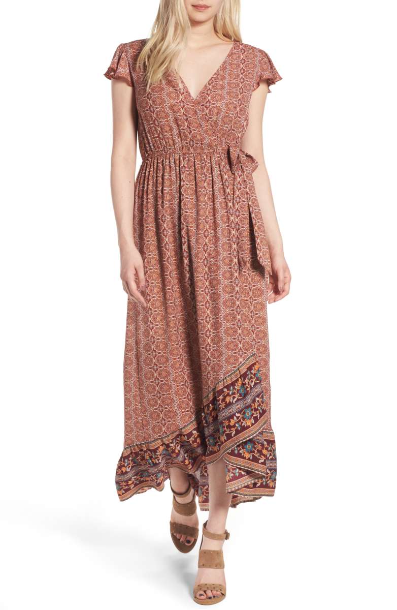 BAND OF GYPSIES Faux Wrap Maxi Dress Wine Teal Rust nordstrom anniversary sale 2017
