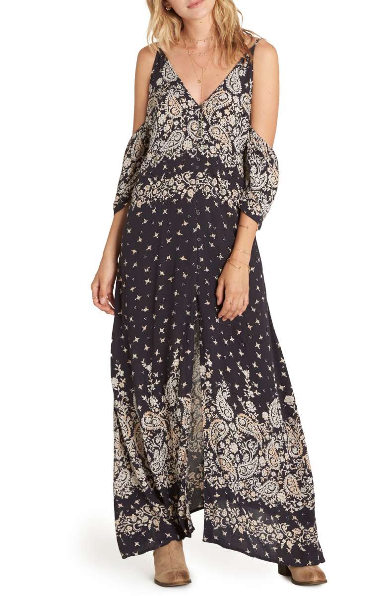 BILLABONG Desert Dance Cold Shoulder Maxi Dress Black White nordstrom maxi dresses under 100 dollars 