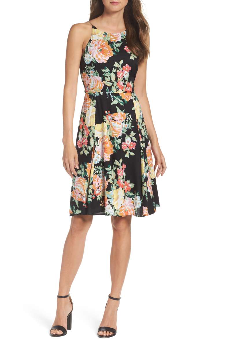 CHARLES HENRY Floral Print Dress Black Floral dresses under 100 dollars nordstrom