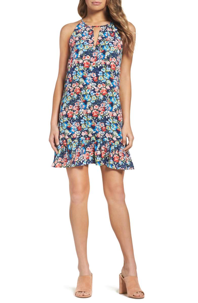CHARLES HENRY Ruffle Hem Minidress Navy Floral Print dresses under 100 dollars nordstrom