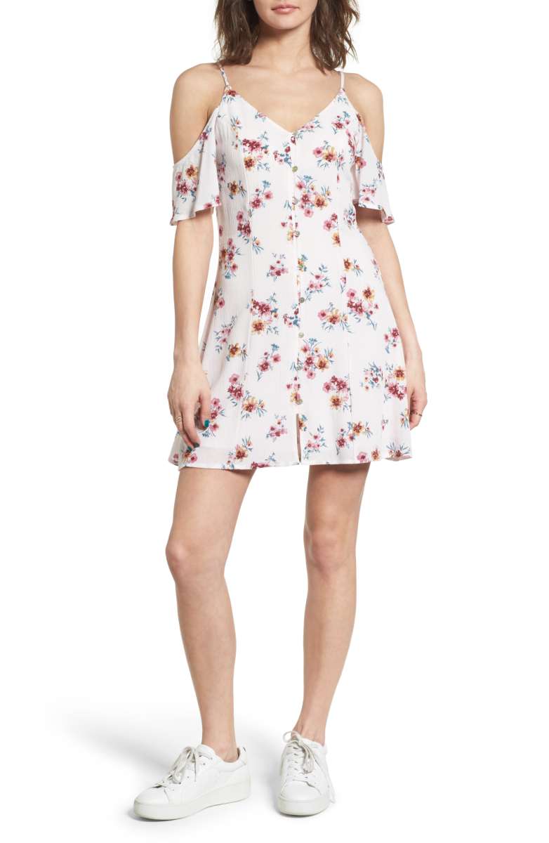 DEE ELLY Button Front Cold Shoulder Dress Blush Floral Print nordstrom floral print dresses under 100 dollars