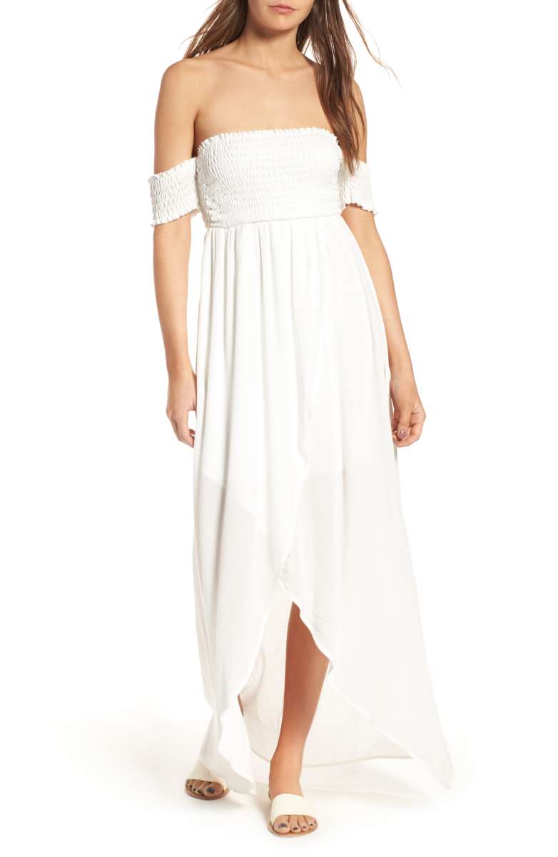 DEE ELLY Off the Shoulder Maxi Dress Ivory nordstrom under 100 dollars