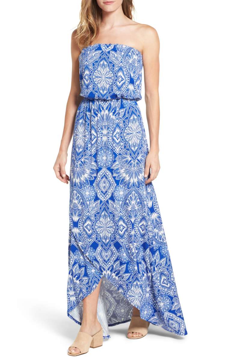 FELICITY & COCO Strapless High/Low Dress Maui Print nordstrom summer wedding guest strapless dresses 