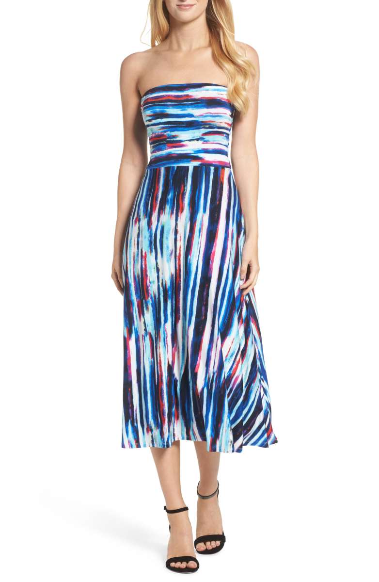 FELICITY & COCO Strapless Midi Dress Painter Stripe nordstrom summer wedding guests