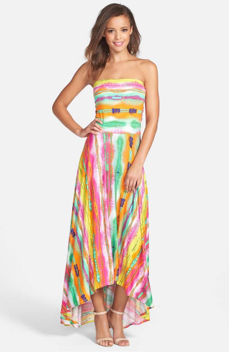 FELICITY & COCO Strapless Neon Print Maxi Dress Pink Multi nordstrom summer wedding guests strapless dresses