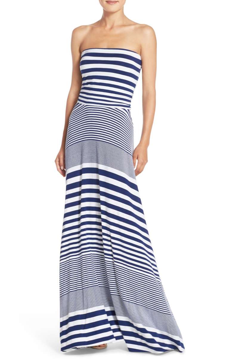 FELICITY & COCO Stripe Strapless Maxi Dress Navy Blue Stripe nordstrom maxi dresses under 100 dollars