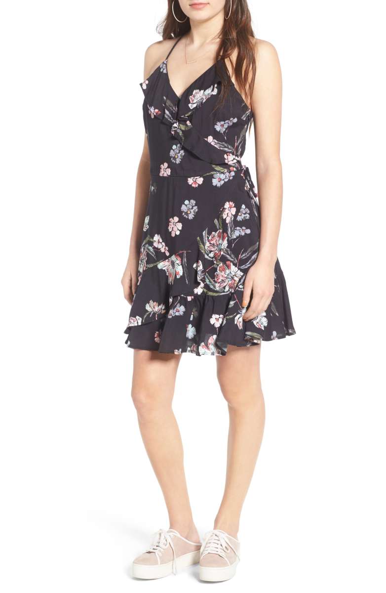 FIRE Love, Fire Ruffle Faux Wrap Dress Black Floral Print dresses under 100 dollars nordstrom